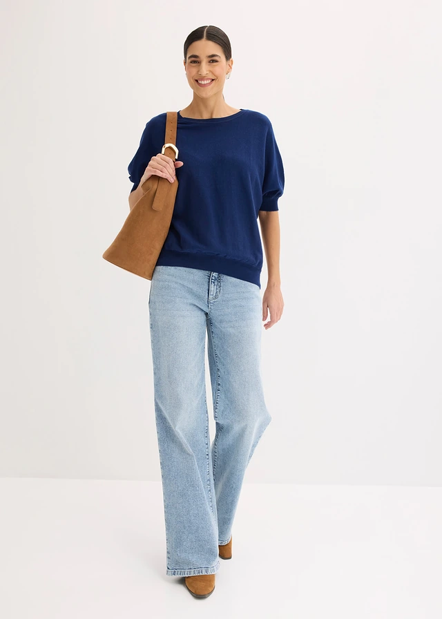Pull en fine maille de coton mélangé, Couleur: bleu profond