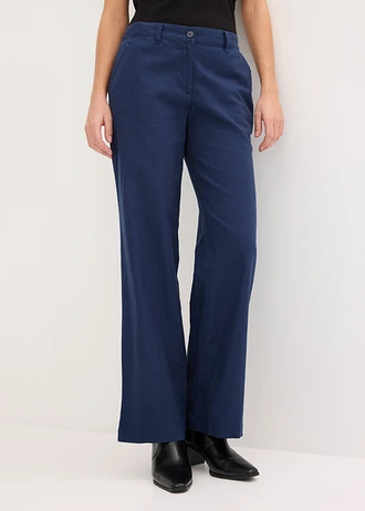 Pantalon tissé en lin et coton, Couleur: bleu foncé