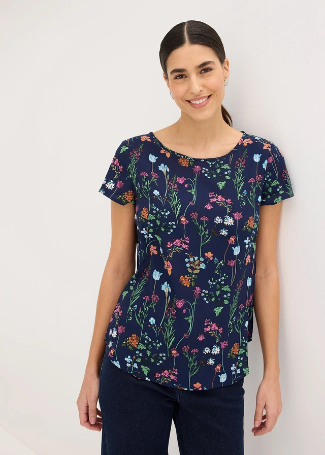 Blouseshirt, Kleur: middernachtblauw gebloemd