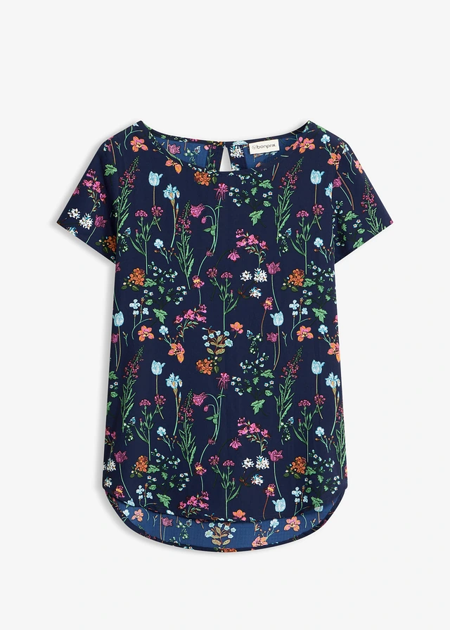 Blouseshirt, Kleur: middernachtblauw gebloemd