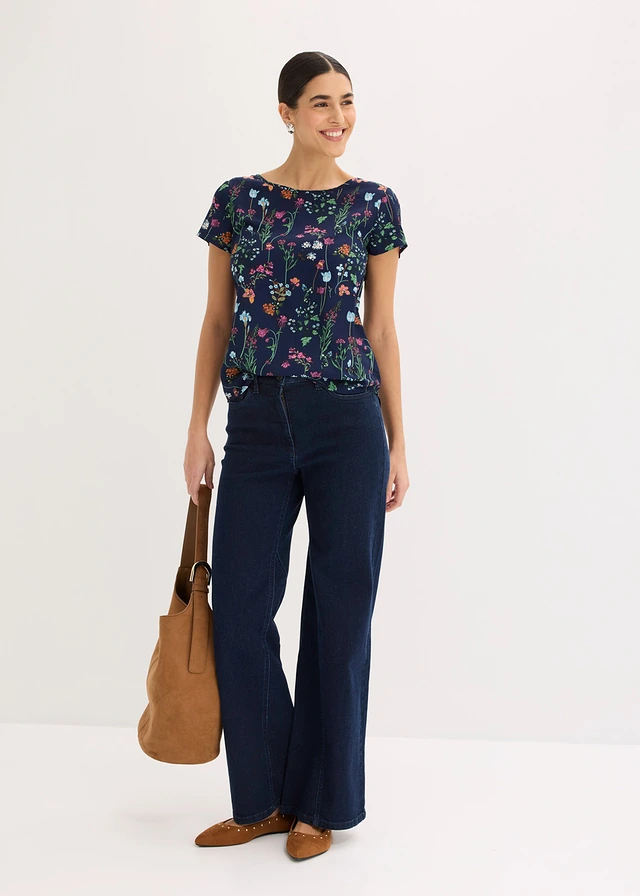 Blouseshirt, Kleur: middernachtblauw gebloemd