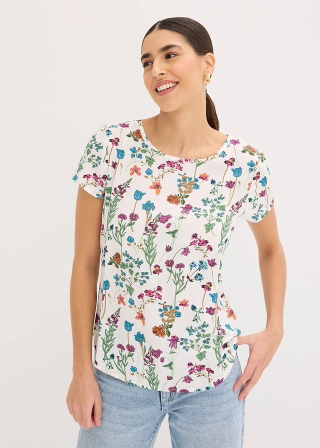 Blouseshirt, Kleur: wolwit gebloemd