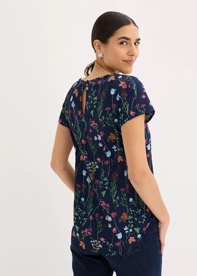Blouseshirt, Kleur: middernachtblauw gebloemd