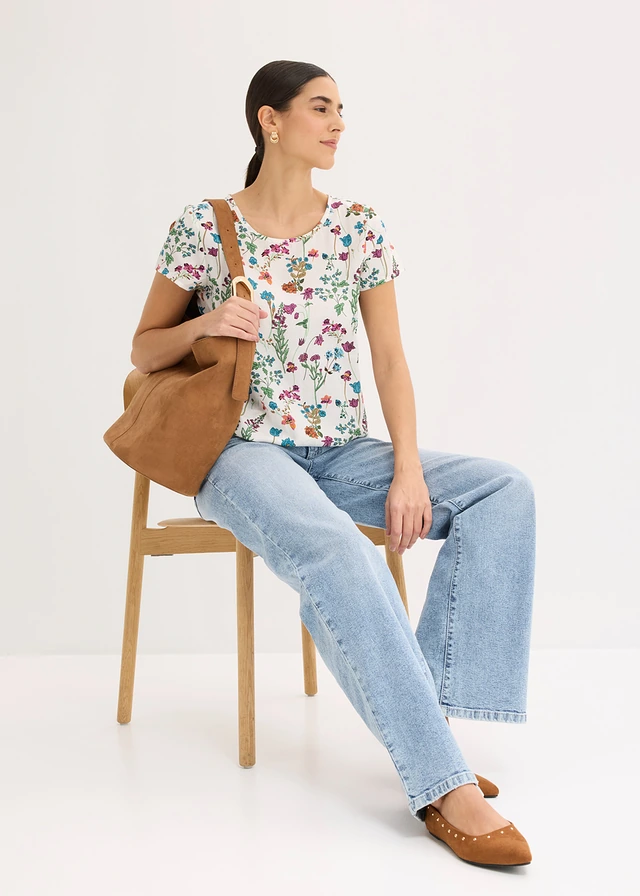 Blouseshirt, Kleur: wolwit gebloemd