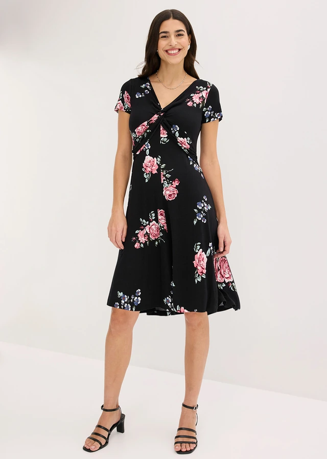 Jersey jurk in een viscosemix, Kleur: zwart gebloemd