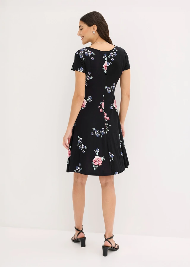 Jersey jurk in een viscosemix, Kleur: zwart gebloemd