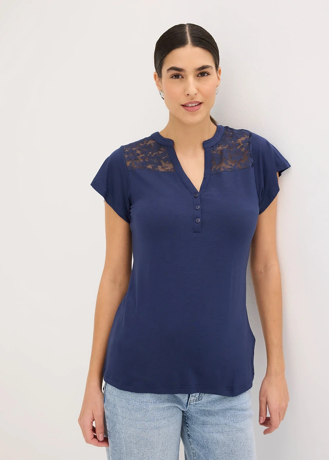 Henley shirt in een viscosemix, Kleur: donkerblauw