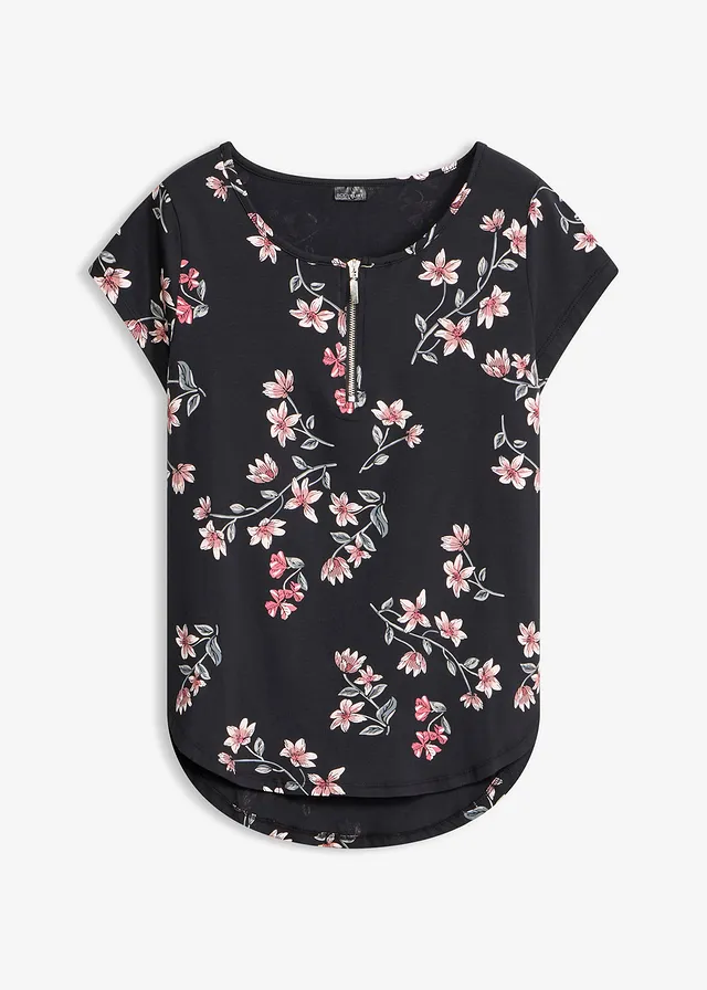 Bluză oversize, din amestec de bumbac • negru/roz floral • magazin bonprix