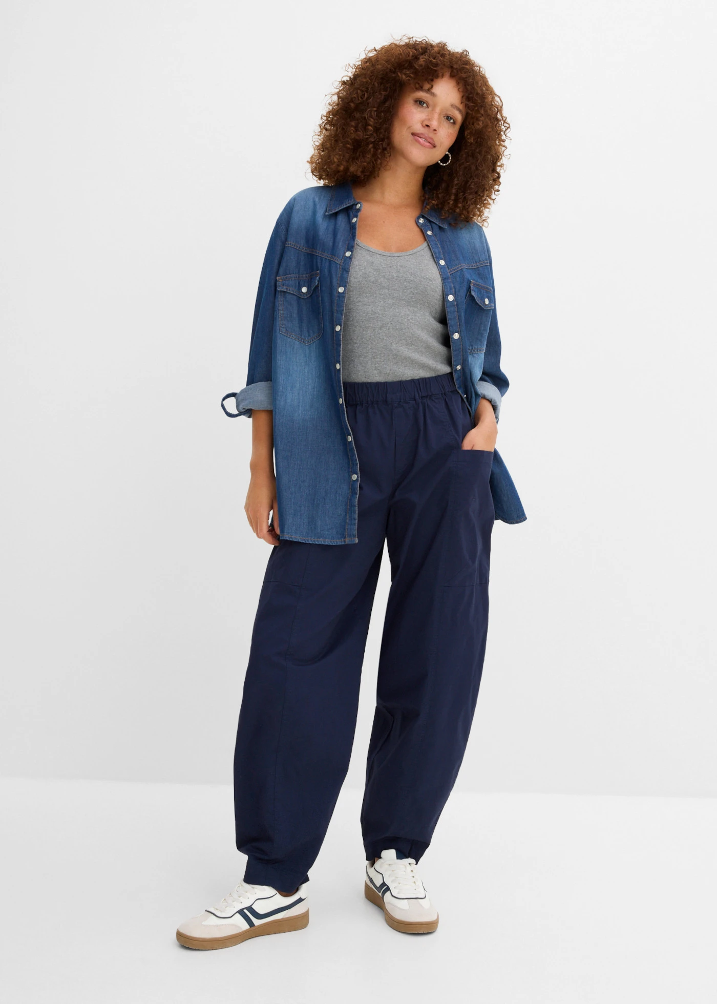 Pantalon ballon en coton extensible • bleu foncé • Boutique bonprix