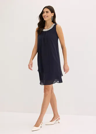 Chiffon jurk met strass-applicatie, Kleur: donkerblauw