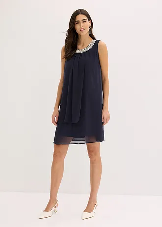 Rochie din șifon cu aplicații cu ștrasuri, culoare: bleumarin