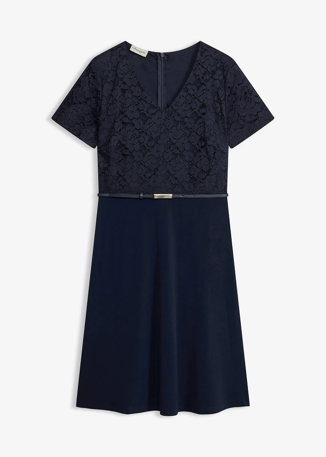 Robe courte avec ceinture et dentelle, Couleur: bleu foncé