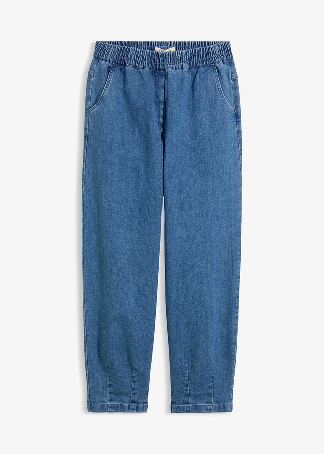 Jean mom, taille haute élastiquée, Couleur: bleu moyen denim used