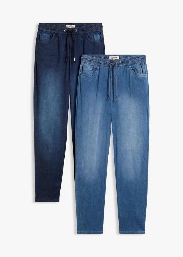 Lot de 2 jeans droits taille haute et élastiquée, Couleur: denim bleu clair+denim bleu foncé used