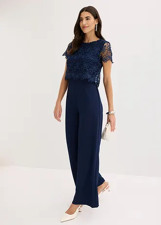 Jumpsuit van zacht scuba met kant • donkerblauw • bonprix online shop