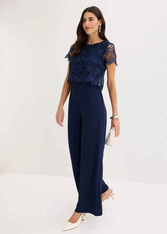 Jumpsuit van zacht scuba met kant, Kleur: donkerblauw