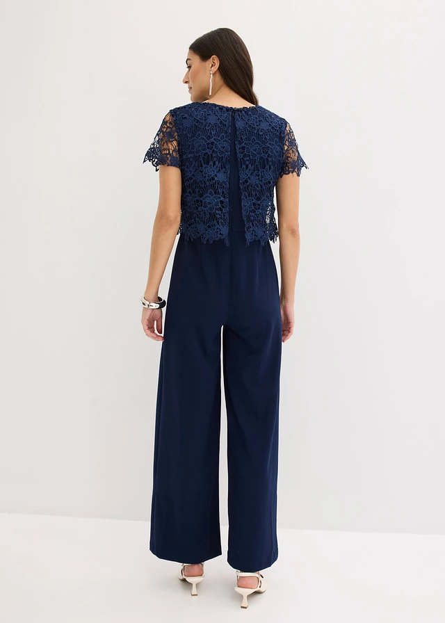 Jumpsuit van zacht scuba met kant, Kleur: donkerblauw