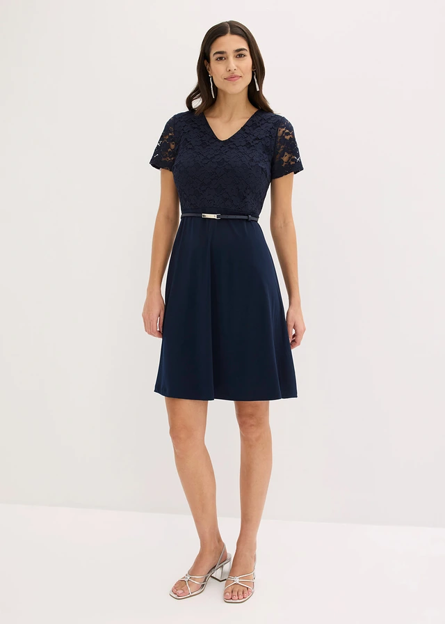Robe courte avec ceinture et dentelle, Couleur: bleu foncé