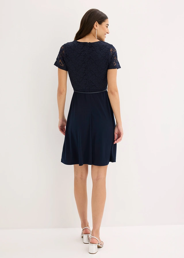 Robe courte avec ceinture et dentelle, Couleur: bleu foncé