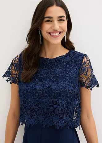 Kombinezon z miękkiej dzianiny scuba z koronką • granatowy • sklep bonprix