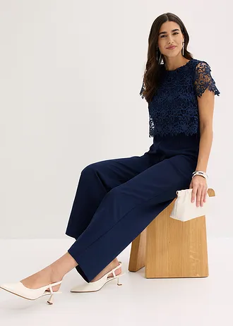 Jumpsuit van zacht scuba met kant • donkerblauw • bonprix online shop