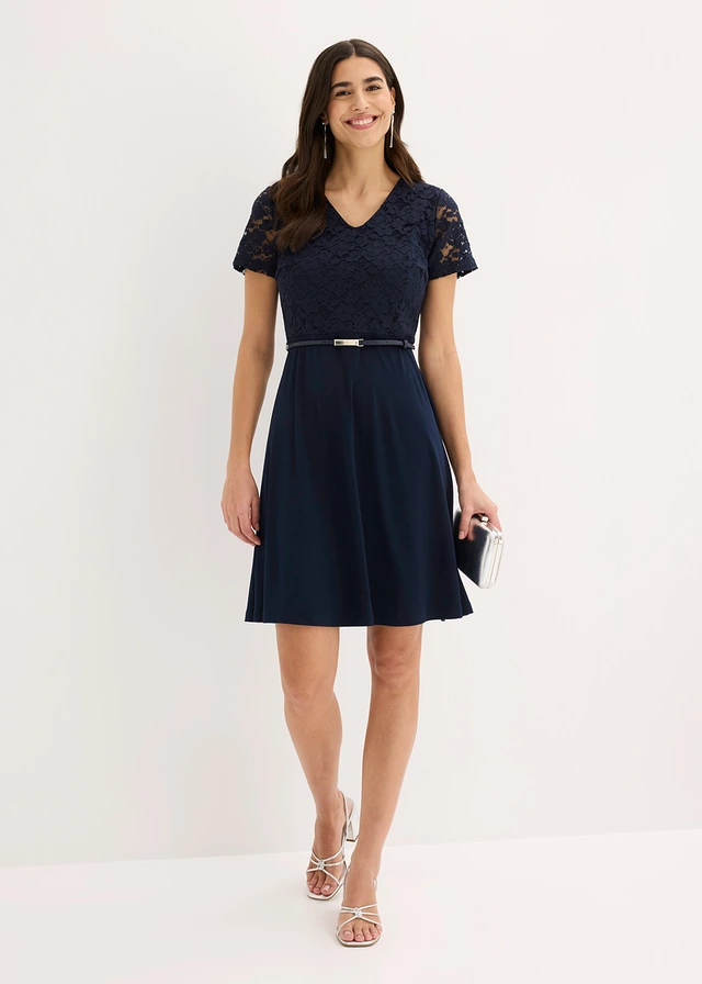 Jurk met riem, Kleur: donkerblauw
