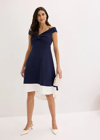 Carmen jurk met knoopdetail, Kleur: donkerblauw/wit