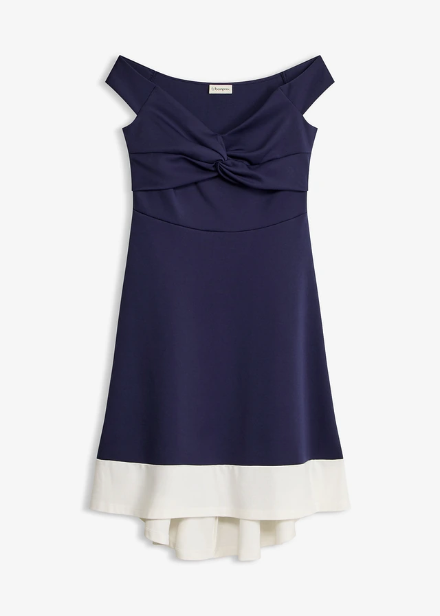 Carmen jurk met knoopdetail, Kleur: donkerblauw/wit