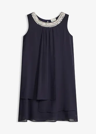 Chiffon jurk met strass-applicatie, Kleur: donkerblauw