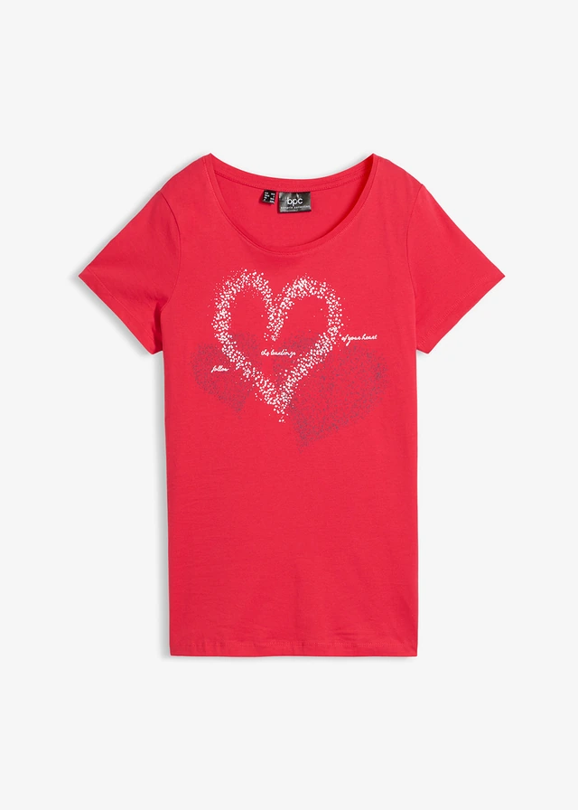 T-shirt coton à imprimé cœur, Couleur: rouge grenade imprimé