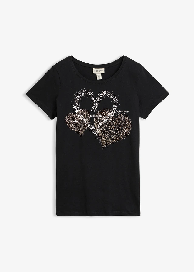 T-shirt coton à imprimé cœur, Couleur: noir imprimé