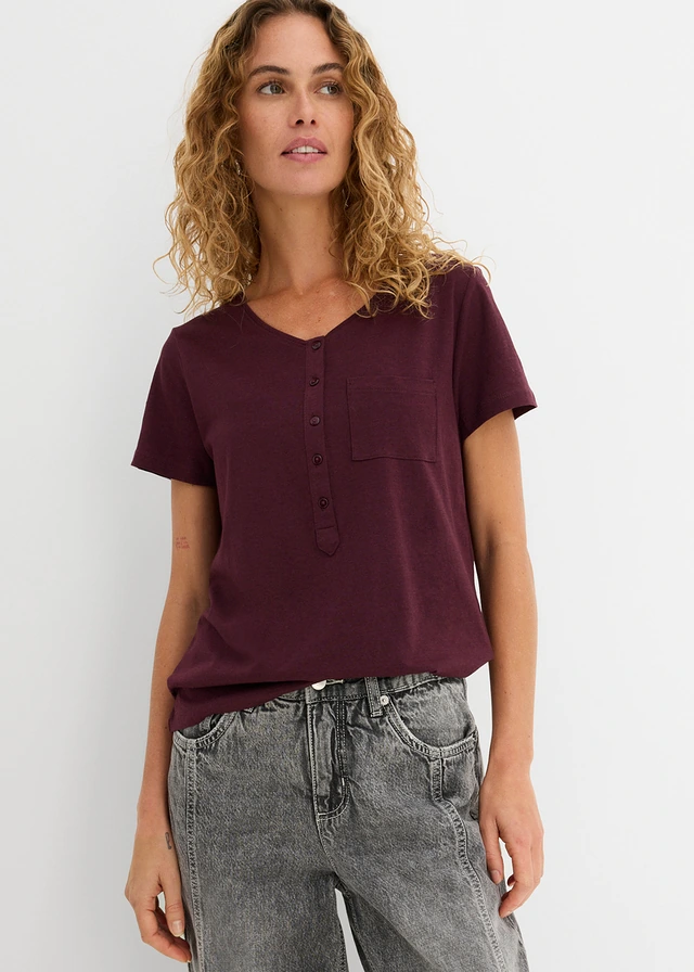 T-shirt met knoopsluiting, Kleur: bordeaux