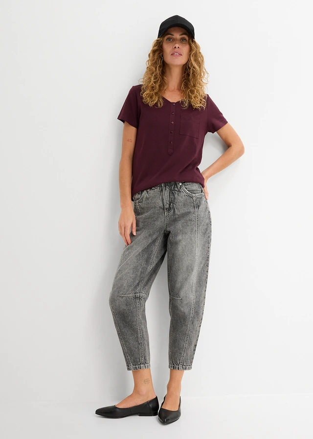 T-shirt met knoopsluiting, Kleur: bordeaux