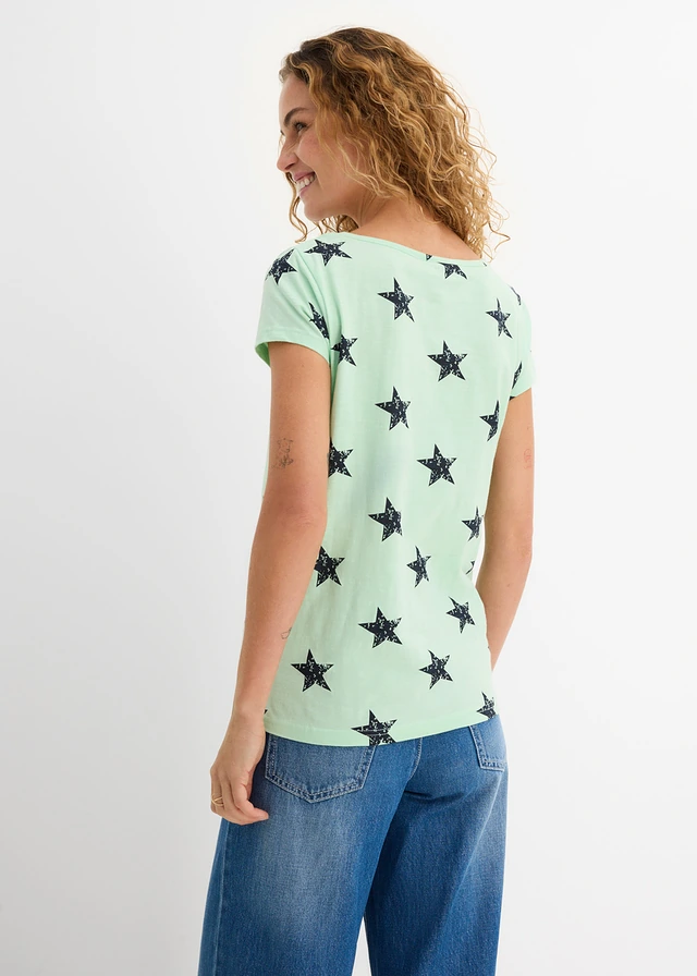 T-shirt 100% coton imprimé étoiles, Couleur: vert/bleu foncé imprimé