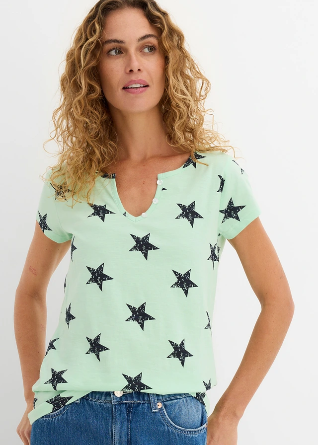 T-shirt 100% coton imprimé étoiles, Couleur: vert/bleu foncé imprimé