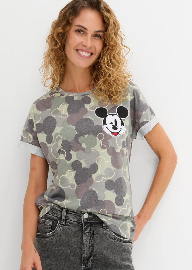 T-shirt à broderie Mickey Mouse, Couleur: vert-marron camouflage