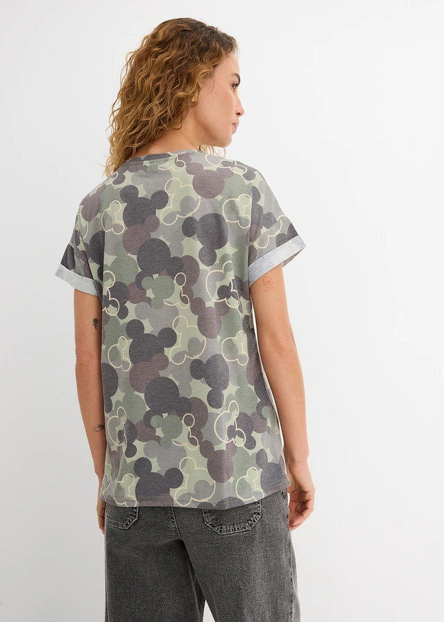 T-shirt à broderie Mickey Mouse, Couleur: vert-marron camouflage