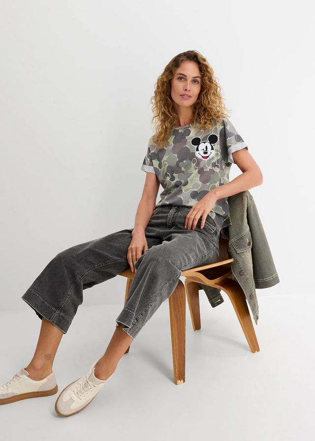 T-shirt à broderie Mickey Mouse, Couleur: vert-marron camouflage