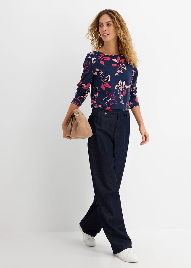 Longsleeve met bloemenprint, Kleur: donkerblauw gebloemd