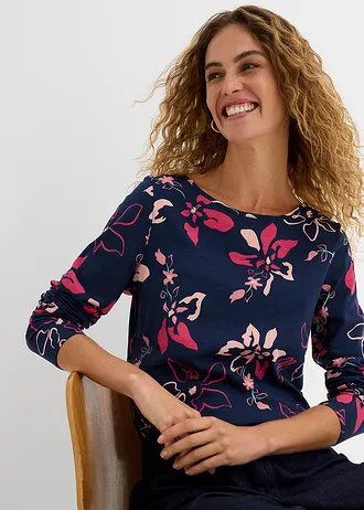 T-shirt manches longues à imprimé floral • bleu foncé à fleurs • Boutique bonprix