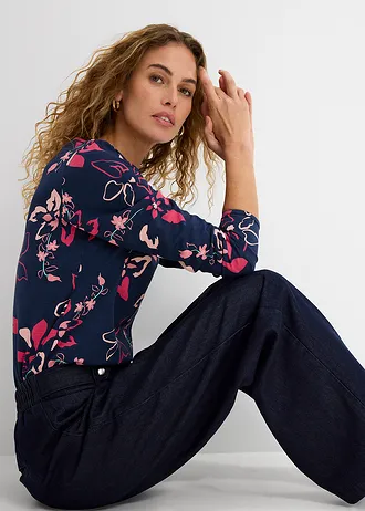 T-shirt manches longues à imprimé floral • bleu foncé à fleurs • Boutique bonprix