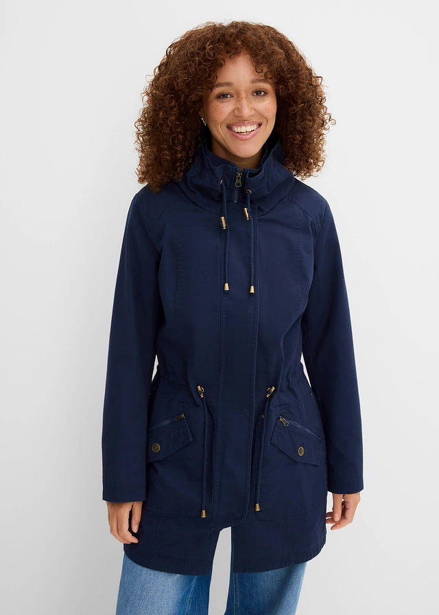 Parka courte en coton à col montant, cintrée, Couleur: bleu foncé
