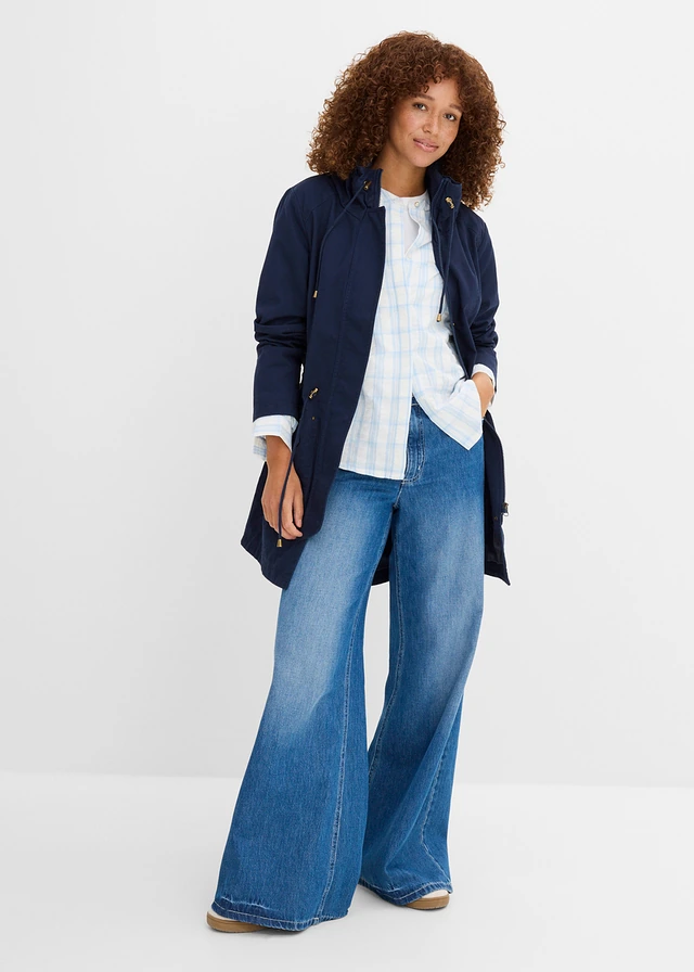 Korte katoenen parka met opstaande kraag, getailleerd, Kleur: donkerblauw