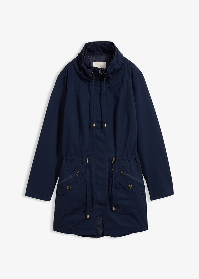 Korte katoenen parka met opstaande kraag, getailleerd, Kleur: donkerblauw
