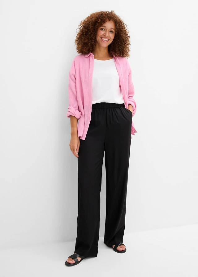 Pantalon léger en viscose à taille élastiquée, Couleur: noir