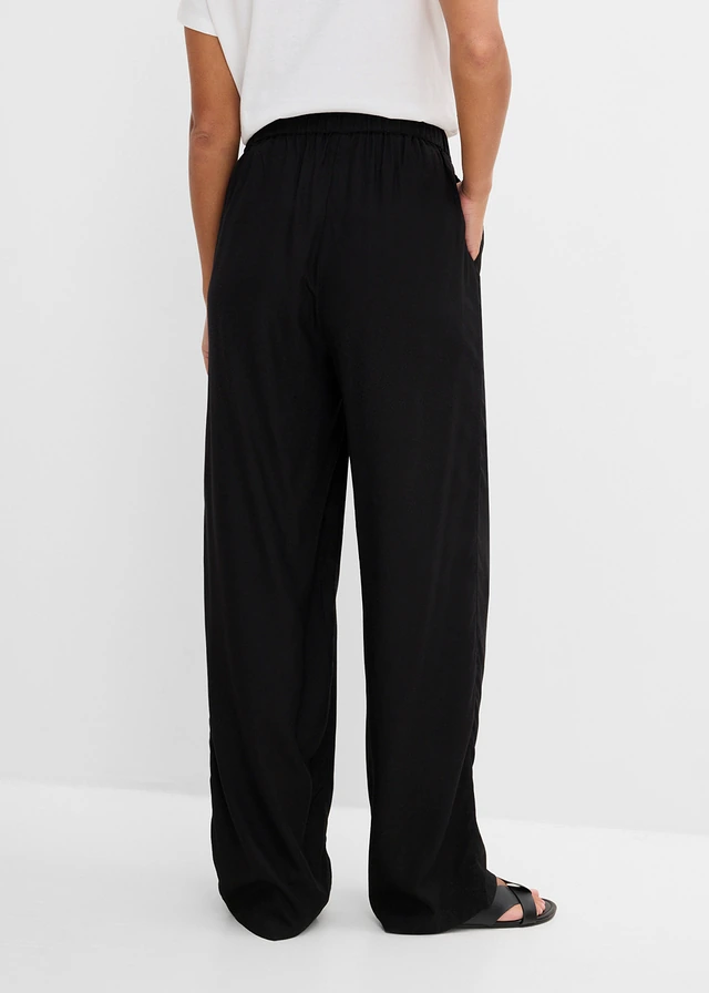 Pantalon léger en viscose à taille élastiquée, Couleur: noir
