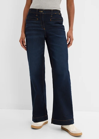 Jean large taille mi-haute élastiquée, Couleur: bleu foncé denim used