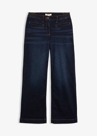 Jean large taille mi-haute élastiquée, Couleur: bleu foncé denim used