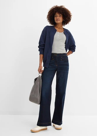 Jean large taille mi-haute élastiquée, Couleur: bleu foncé denim used