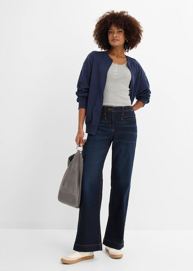 Jean large taille mi-haute élastiquée, Couleur: bleu foncé denim used